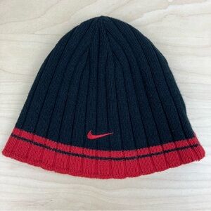 Vintage Nike Kids Youth Winter Beanie Hat Center Swoosh Reversible Red & Black